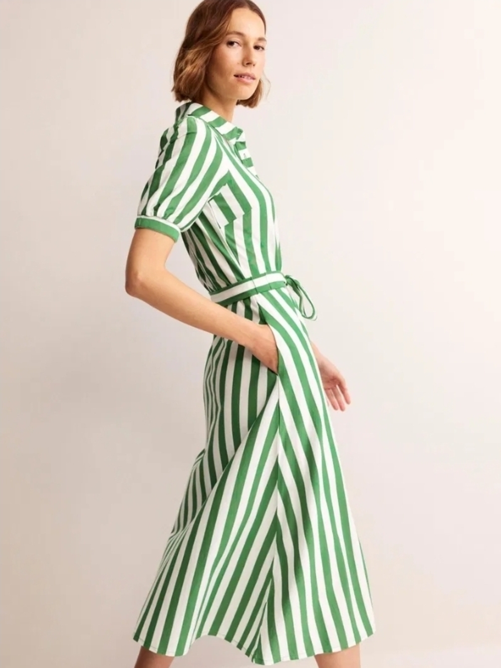 Boden Green and White Vertical Stripe Midi Shirt Dress - Size 14 - Picture 2 of 13
